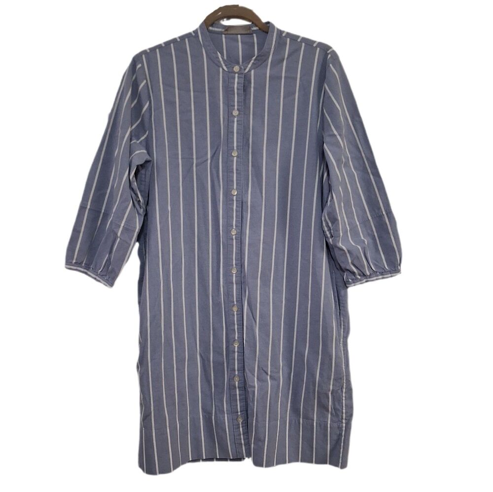 Everlane Cotton Striped Collarless Shirt Dress Blue & White Pockets Women Size 8